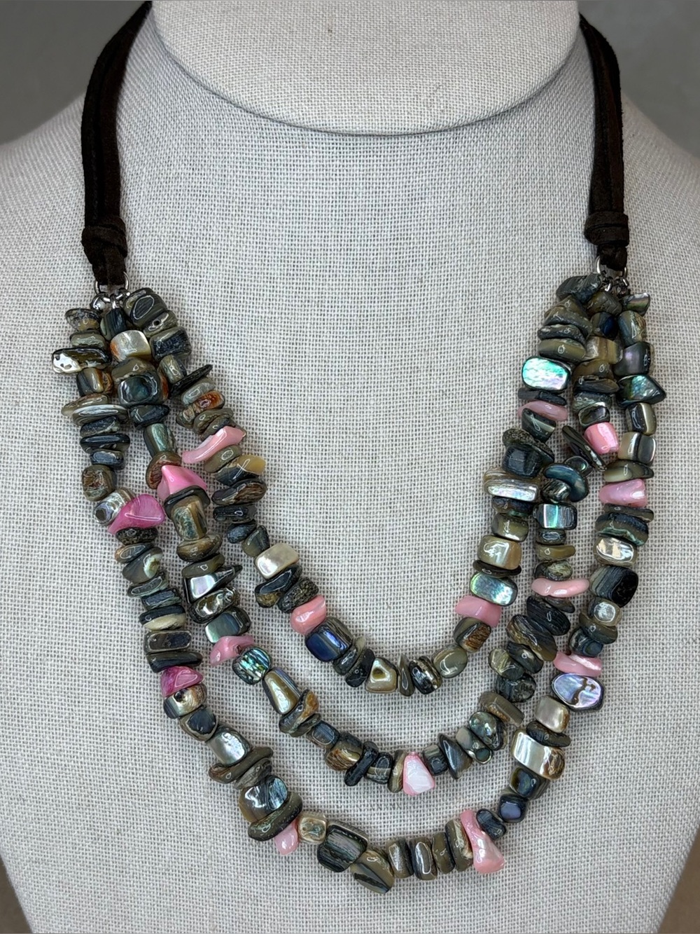 Multi-Strand Abalone & Pink Shell Chip Statement Necklace